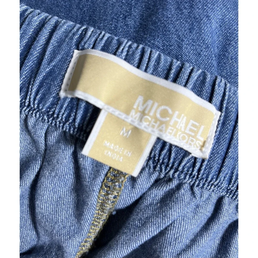 $125 NWT Michael Kors Sz M Pants Chambray Med Blue Wide Leg Pull On Rope Tie New